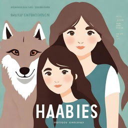 Design a book cover titled 'Lovely Habits' featuring a close-up of two girls with brown hair and a lone wolf in the middle