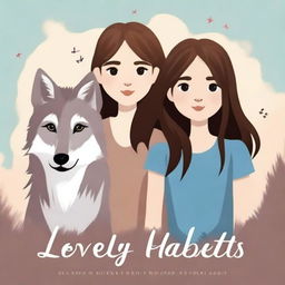 Design a book cover titled 'Lovely Habits' featuring a close-up of two girls with brown hair and a lone wolf in the middle