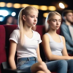 A hyper-realistic image of a teenage girl with a blonde ponytail sitting in a cinema with friends