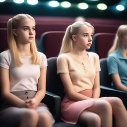 A hyper-realistic image of a teenage girl with a blonde ponytail sitting in a cinema with friends