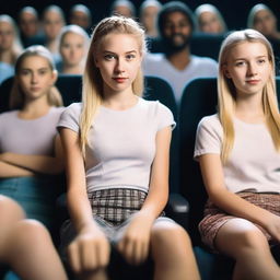 A hyper-realistic image of a teenage girl with a blonde ponytail sitting in a cinema with friends