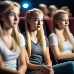 A hyper-realistic image of a teenage girl with a blonde ponytail sitting in a cinema with friends