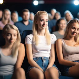 A hyper-realistic image of a teenage girl with a blonde ponytail sitting in a cinema with friends