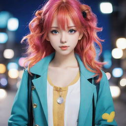 A cute anime girl with shining bright eyes and a vibrant hair color, dressed in a stylish outfit