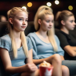 A hyper-realistic image of a teenage girl with a blonde ponytail sitting in a cinema with friends