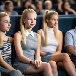 A hyper-realistic image of a teenage girl with a blonde ponytail sitting in a cinema with friends