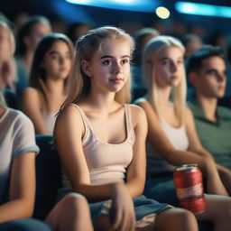 A hyper-realistic image of a Uruguayan teenage girl with a blonde ponytail sitting in a cinema with friends