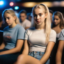 A hyper-realistic image of a Uruguayan teenage girl with a blonde ponytail sitting in a cinema with friends