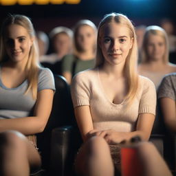 A hyper-realistic image of a Uruguayan teenage girl with a blonde ponytail sitting in a cinema with friends