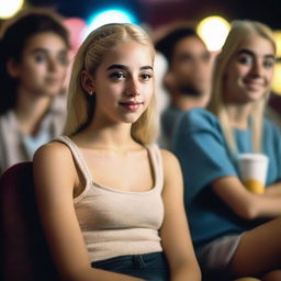 A hyper-realistic image of a Uruguayan teenage girl with a blonde ponytail sitting in a cinema with friends