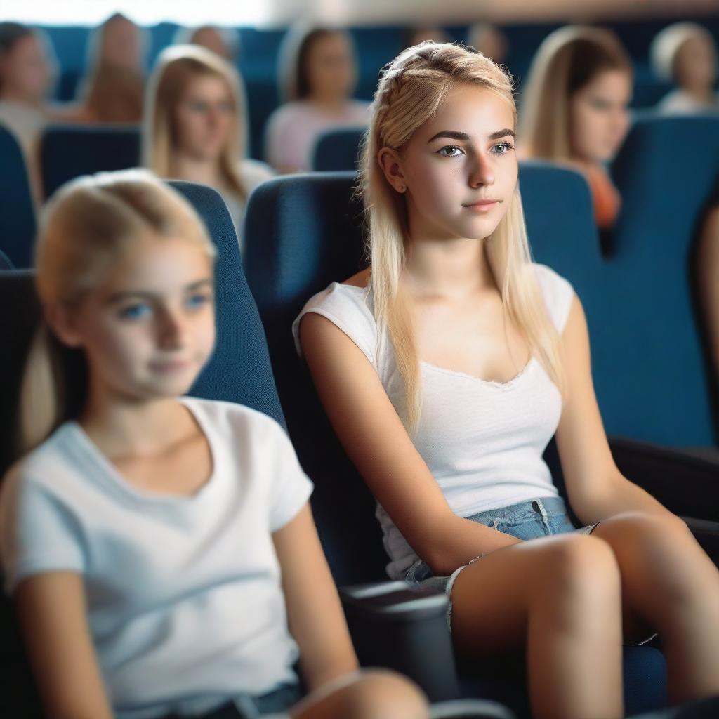 A hyper-realistic image of a Uruguayan teenage girl with a blonde ponytail sitting in a cinema with friends