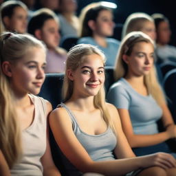 A hyper-realistic image of a Uruguayan teenage girl with a blonde ponytail sitting in a cinema with friends