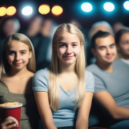 A hyper-realistic image of a Uruguayan teenage girl with a blonde ponytail sitting in a cinema with friends