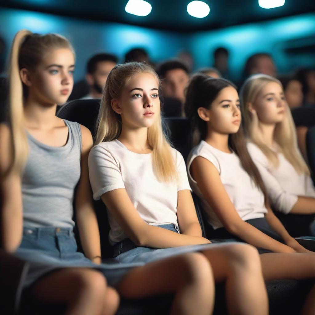 A hyper-realistic image of a Uruguayan teenage girl with a blonde ponytail sitting in a cinema with friends