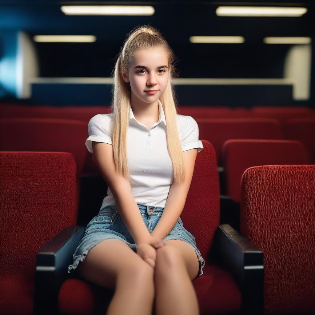 A hyper-realistic image of a Uruguayan teenage girl with a blonde ponytail sitting in a cinema