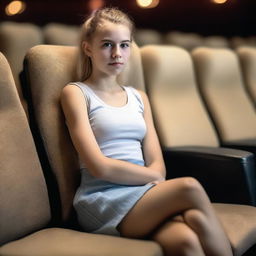 A hyper-realistic image of a Uruguayan teenage girl with a blonde ponytail sitting in a cinema