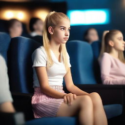 A hyper-realistic image of a Uruguayan teenage girl with a blonde ponytail sitting in a cinema