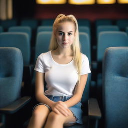 A hyper-realistic image of a Uruguayan teenage girl with a blonde ponytail sitting in a cinema