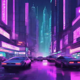 A highly detailed digital illustration of a cyberpunk cityscape at night