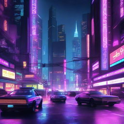 A highly detailed digital illustration of a cyberpunk cityscape at night