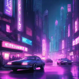 A highly detailed digital illustration of a cyberpunk cityscape at night