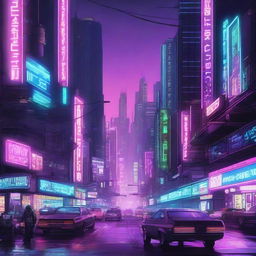 A highly detailed digital illustration of a cyberpunk cityscape at night