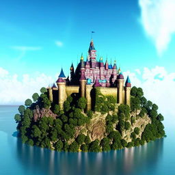 A majestic castle perched on a serene floating island in the midday sky