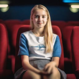 A hyper-realistic image of a Uruguayan teenage girl with a blonde ponytail sitting in a cinema