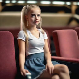 A hyper-realistic image of a Uruguayan teenage girl with a blonde ponytail sitting in a cinema