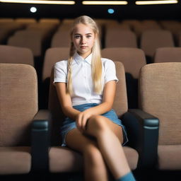 A hyper-realistic image of a Uruguayan teenage girl with a blonde ponytail sitting in a cinema