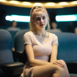 A hyper-realistic image of a 19-year-old Uruguayan girl with a blonde ponytail sitting in a cinema