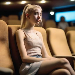 A hyper-realistic image of a 19-year-old Uruguayan girl with a blonde ponytail sitting in a cinema