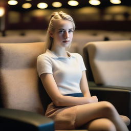 A hyper-realistic image of a 19-year-old Uruguayan girl with a blonde ponytail sitting in a cinema