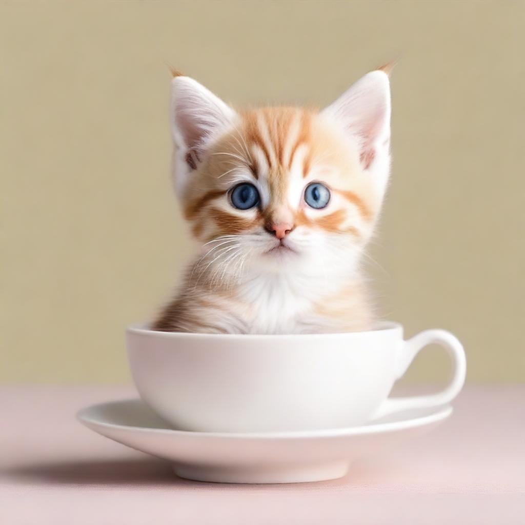 A raw photograph of an adorable kitten sitting inside a teacup