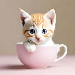 A raw photograph of an adorable kitten sitting inside a teacup