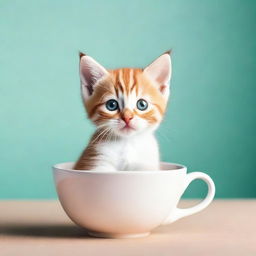 A raw photograph of an adorable kitten sitting inside a teacup