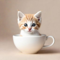 A raw photograph of an adorable kitten sitting inside a teacup