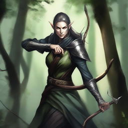 A detailed fantasy illustration of an assassin wood elf