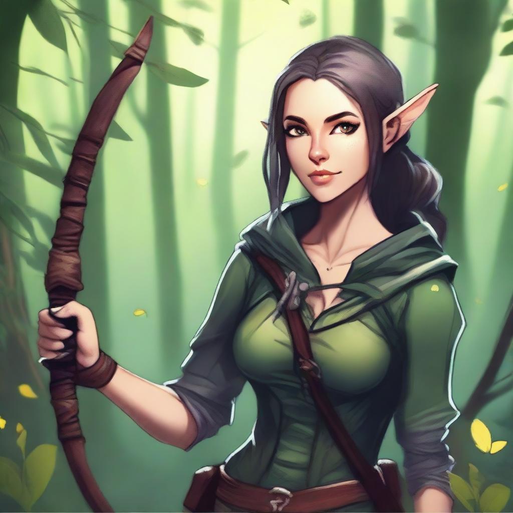 A detailed fantasy illustration of a female wood elf assassin with a hamster on her shoulder