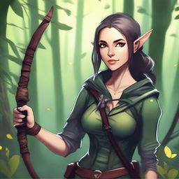 A detailed fantasy illustration of a female wood elf assassin with a hamster on her shoulder