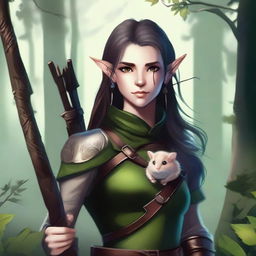 A detailed fantasy illustration of a female wood elf assassin with a hamster on her shoulder