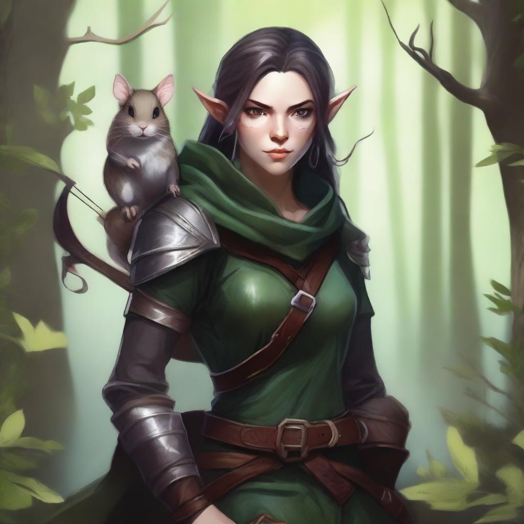 A detailed fantasy illustration of a female wood elf assassin with a hamster on her shoulder