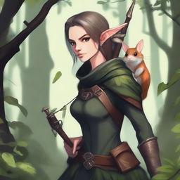 A detailed fantasy illustration of a female wood elf assassin with a hamster on her shoulder