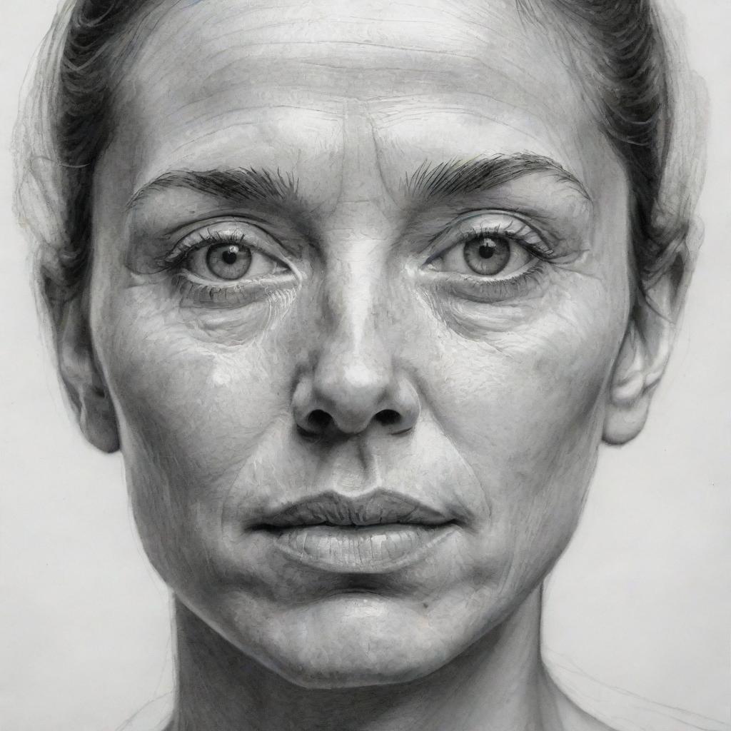 Detailed monochrome sketch of a human face with prominent features, expressing subtle emotion.