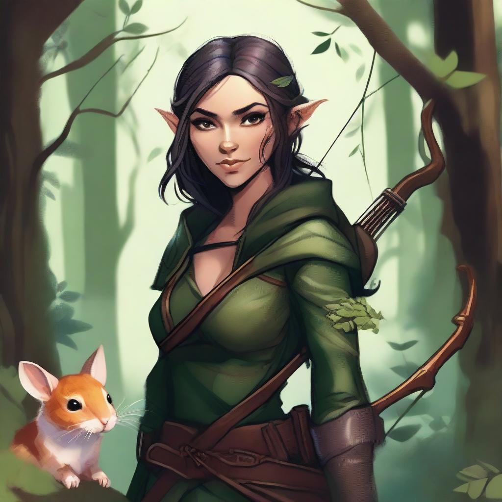 A detailed fantasy illustration of a female wood elf assassin with a hamster on her shoulder