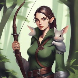 A detailed fantasy illustration of a female wood elf assassin with a hamster on her shoulder