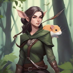 A detailed fantasy illustration of a female wood elf assassin with a hamster on her shoulder