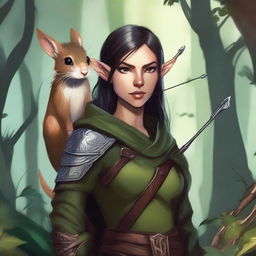 A detailed fantasy illustration of a female wood elf assassin with a hamster on her shoulder