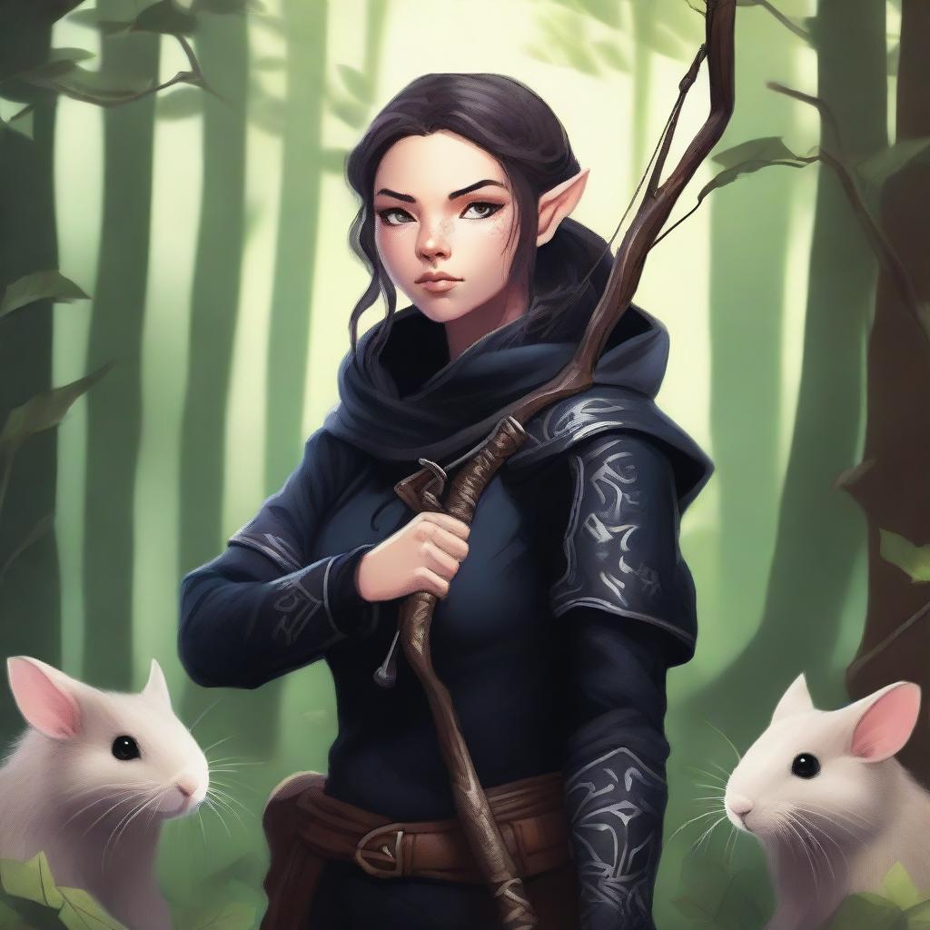 A detailed fantasy illustration of a female wood elf assassin dressed in black, with a hamster on her shoulder