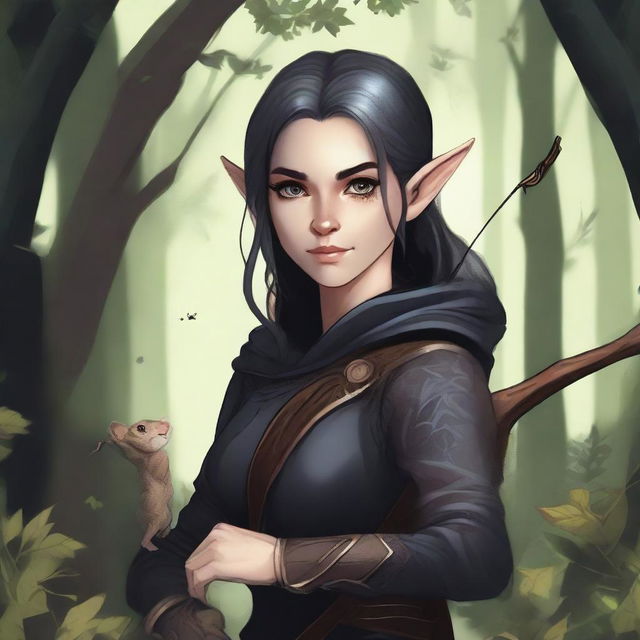 A detailed fantasy illustration of a female wood elf assassin dressed in black, with a hamster on her shoulder